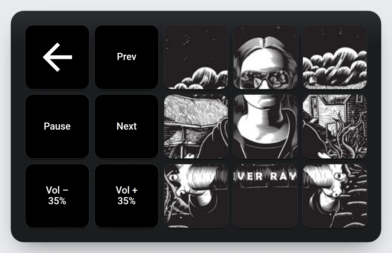 Now Playing on the 15-key Stream Deck, with the album cover across nine keys