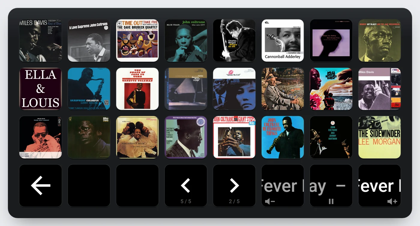 A page of 24 album covers on the Stream Deck XL