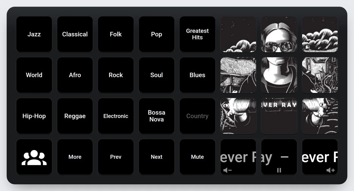 The panel on a 32-key Stream Deck XL: genre keys on the left, the playing album’s cover across nine keys on the right, and the song’s name scrolling underneath